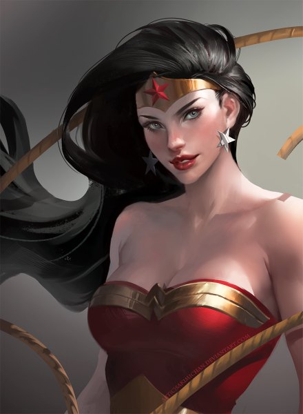 Anime picture 881x1200 with dc comics wonder woman sakimichan single tall image looking at viewer black hair simple background bare shoulders signed wind lips realistic grey background grey eyes lipstick red lipstick superhero girl earrings