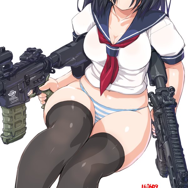Anime picture 1000x1000 with original dd (ijigendd) single short hair breasts light erotic black hair simple background large breasts white background sitting holding cleavage short sleeves dated head out of frame girl underwear panties weapon