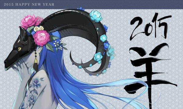 Anime picture 1200x720 with original 1000marie single long hair light erotic wide image blue hair profile nude wind inscription tattoo hieroglyph topless new year hands clasped happy new year 2015 girl flower (flowers)