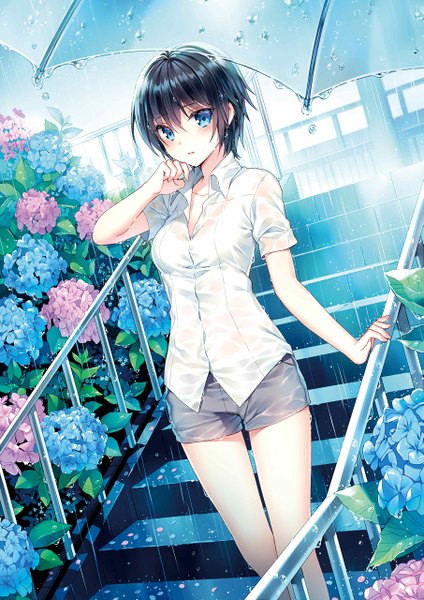 Anime picture 1810x2560 with kono koi to sono mirai oda mirai nardack single tall image looking at viewer blush fringe highres short hair breasts open mouth blue eyes black hair large breasts standing sky outdoors arm support midriff