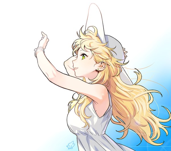 Anime picture 1024x906 with idolmaster hoshii miki rod4817 single long hair simple background blonde hair white background bare shoulders green eyes signed profile light smile wind outstretched arm arm behind head girl dress hat sundress