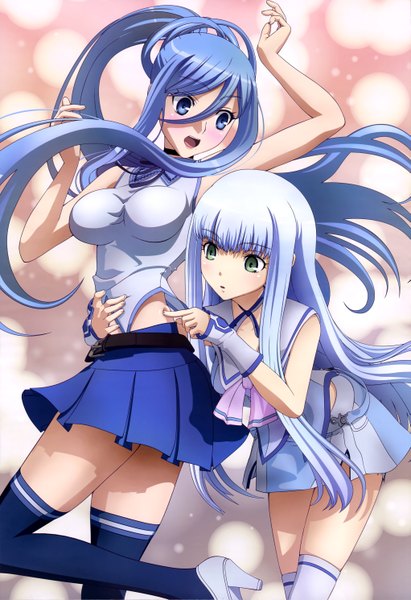 Anime picture 4083x5956 with aoki hagane no arpeggio nyantype takao (aoki hagane no arpeggio) iona long hair tall image blush highres open mouth blue eyes multiple girls blue hair absurdres ponytail official art girl thighhighs skirt 2 girls