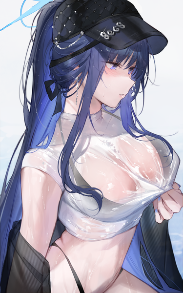 Anime picture 2816x4500 with blue archive saori (blue archive) qiandaiyiyu single long hair tall image blush fringe highres breasts blue eyes light erotic simple background hair between eyes large breasts standing white background payot blue hair looking away