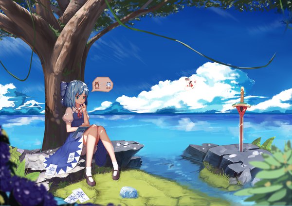 Anime picture 6000x4242 with touhou hakurei reimu cirno sugar sound long hair highres short hair open mouth blue eyes brown hair sitting multiple girls blue hair absurdres cloud (clouds) solo focus flying lake reading yin yang