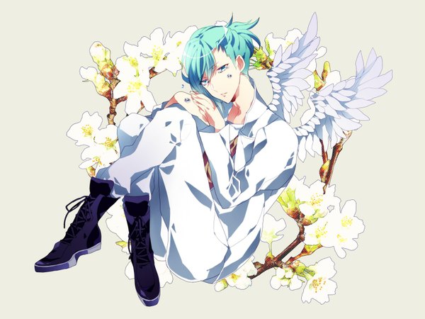 Anime picture 1600x1200 with uta no prince-sama a-1 pictures mikaze ai kazenagi hikari single looking at viewer short hair blue eyes simple background sitting aqua hair open clothes open jacket crossed legs cherry blossoms angel wings boy plant (plants) wings tree (trees)