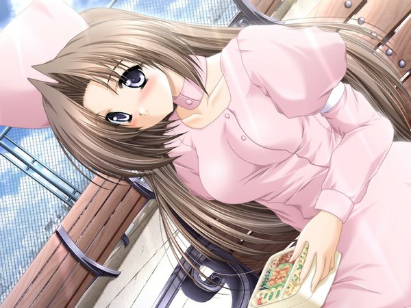 Anime picture 1024x768 with nursery song (game) long hair brown hair game cg black eyes nurse girl