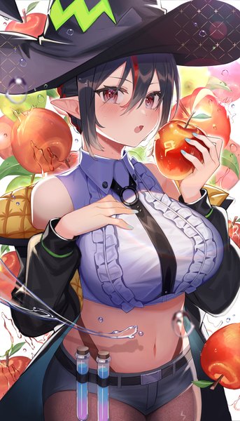 Anime picture 2500x4369 with virtual youtuber indie virtual youtuber isonade orca amahara subaru single tall image looking at viewer blush fringe highres short hair breasts open mouth light erotic black hair hair between eyes red eyes large breasts standing bare shoulders