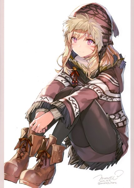 Anime picture 2111x2952 with final fantasy final fantasy xiv square enix miqo'te momoko (momopoco) single long hair tall image blush fringe highres simple background blonde hair white background sitting signed looking away full body bent knee (knees) pink eyes
