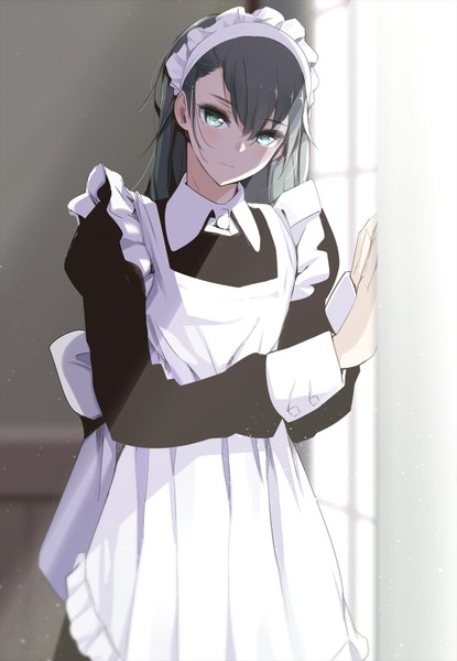 Anime picture 1194x1726 with original giba (out-low) single long hair tall image looking at viewer blush fringe black hair hair between eyes standing indoors aqua eyes sunlight maid puffy sleeves girl dress uniform headdress