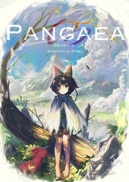 Anime picture 905x1280 with original tsukun112 single tall image looking at viewer fringe short hair black hair smile sitting brown eyes signed animal ears payot sky cloud (clouds) bent knee (knees) barefoot wind sunlight