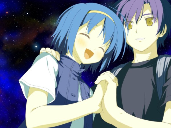 Anime picture 1600x1200 with hoshizora no memoria aoi isuzu shida kazuhiro blush short hair open mouth smile yellow eyes blue hair game cg purple hair eyes closed night couple holding hands girl boy hairband