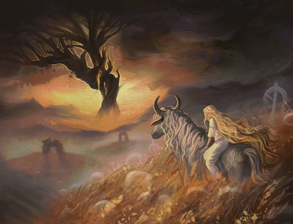 Anime picture 3477x2663 with elden ring miquella (elden ring) torrent (elden ring) valdotpng single highres blonde hair absurdres cloud (clouds) outdoors very long hair riding boy animal horse wheat wheat field