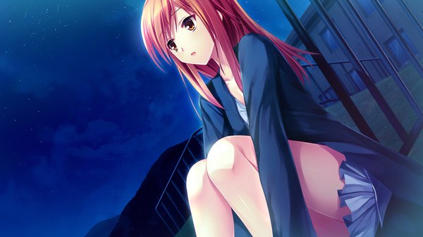 Аниме картинка 1280x720 с suika niritsu (game) длинные волосы красные глаза широкое изображение game cg оранжевые волосы ночь девушка