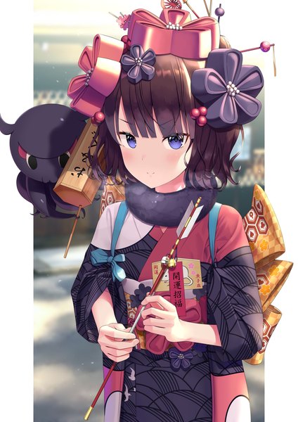 Anime picture 1457x2064 with fate (series) fate/grand order katsushika hokusai (fate/grand order) tokitarou (fate/grand order) sanbe futoshi single tall image looking at viewer blush short hair black hair purple eyes upper body traditional clothes japanese clothes new year girl hair ornament animal kimono