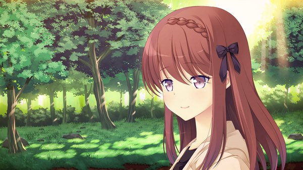 Anime picture 1280x720 with kanojo step kano shiina single long hair looking at viewer brown hair wide image purple eyes game cg girl bow plant (plants) hair bow tree (trees)