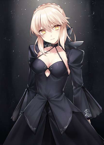 Anime picture 717x1000 with fate (series) fate/stay night artoria pendragon (all) saber alter shiao single tall image looking at viewer fringe short hair blonde hair hair between eyes standing yellow eyes head tilt girl dress black dress