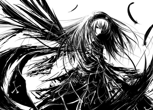 Anime picture 3000x2167 with rozen maiden suigintou iori (yakata-bako) single long hair looking at viewer highres black eyes monochrome black wings goth-loli girl dress wings headdress black dress feather (feathers)