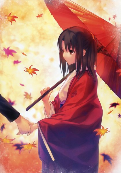 Anime picture 4853x6931 with kara no kyoukai type-moon ryougi shiki takeuchi takashi long hair tall image fringe highres brown hair standing holding brown eyes looking away absurdres long sleeves traditional clothes japanese clothes scan wide sleeves official art