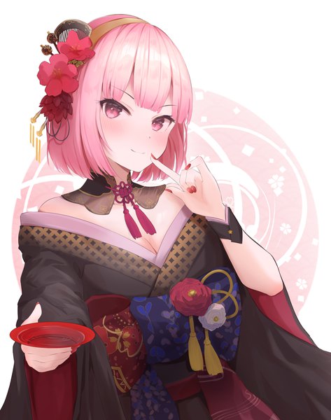 Anime picture 2290x2903 with virtual youtuber hololive hololive english mori calliope mori calliope (new year) magaqq123 single tall image looking at viewer blush highres short hair smile pink hair cleavage nail polish traditional clothes japanese clothes pink eyes official alternate costume
