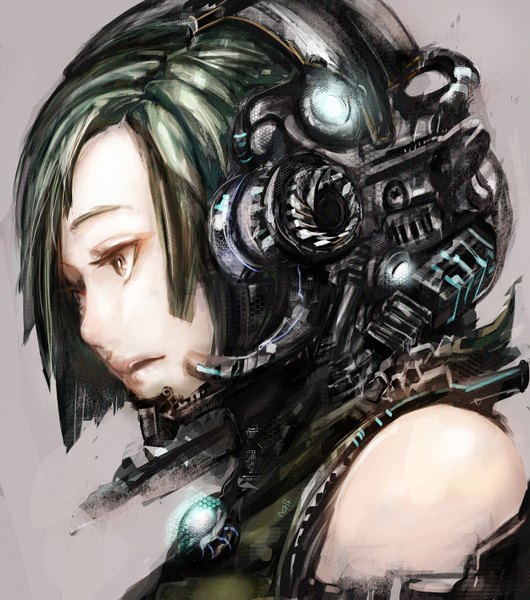 Anime picture 2500x2833 with original dualnaito single tall image highres short hair open mouth simple background brown eyes looking away profile green hair mechanical girl helmet