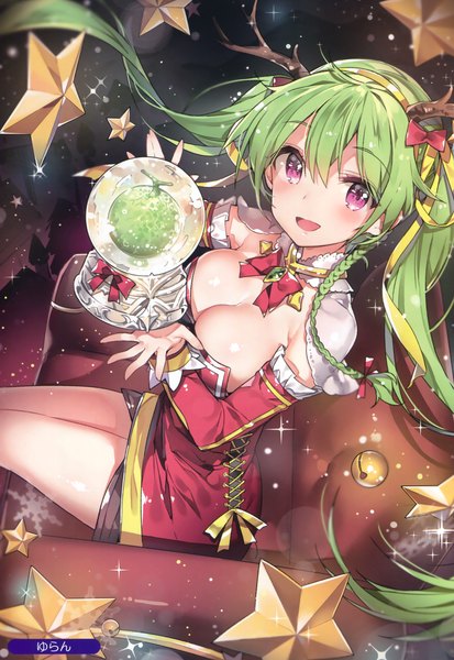 Anime picture 2275x3300 with original melonbooks yuran (cozyquilt) single tall image looking at viewer blush highres breasts open mouth light erotic purple eyes twintails very long hair horn (horns) green hair scan christmas girl dress