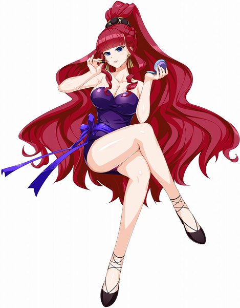 Anime picture 720x920 with valkyrie drive arms corporation cle masahiro single long hair tall image blush fringe breasts blue eyes light erotic simple background large breasts white background sitting bare shoulders looking away cleavage full body bent knee (knees)