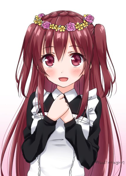 Anime picture 688x963 with original hoshino kagari single long hair tall image looking at viewer blush open mouth simple background brown hair purple eyes signed upper body braid (braids) :d maid two side up twitter username gradient background crown braid