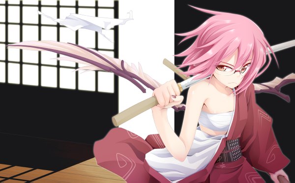 Anime picture 1233x767 with touhou mystia lorelei ogami kazuki single short hair red eyes wide image pink hair japanese clothes bespectacled weapon over shoulder girl weapon sword wings glasses kimono katana