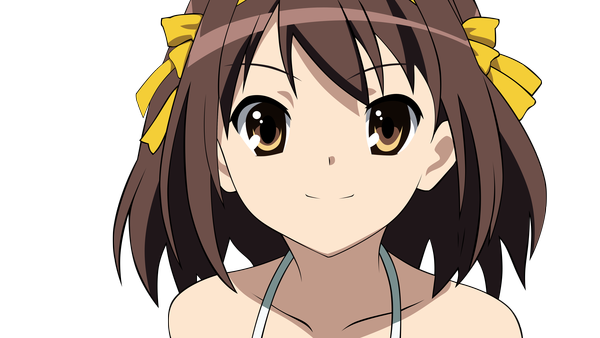 Anime picture 4240x2393 with suzumiya haruhi no yuutsu kyoto animation suzumiya haruhi single looking at viewer highres short hair brown hair wide image bare shoulders brown eyes light smile close-up transparent background vector girl