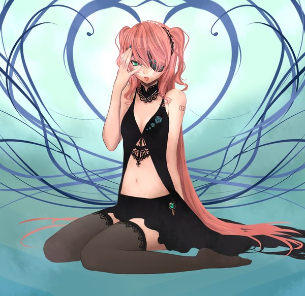 Anime picture 1974x1919 with vocaloid megurine luka sakinosuke single looking at viewer highres breasts green eyes pink hair cleavage very long hair nail polish parted lips lips tattoo two side up sleeveless girl thighhighs skirt