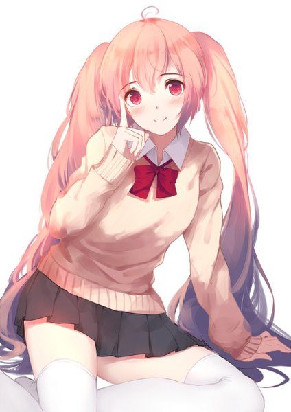 Anime picture 1000x1414 with original caidychen single long hair tall image looking at viewer blush fringe simple background smile hair between eyes red eyes white background sitting twintails pink hair long sleeves pleated skirt arm support zettai ryouiki