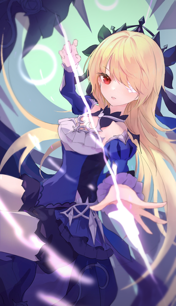 Anime picture 1571x2732 with genshin impact fischl (genshin impact) fischl (ein immernachtstraum) (genshin impact) shumuji single long hair tall image looking at viewer blonde hair red eyes official alternate costume girl dress detached sleeves eyepatch tiara arrow (arrows)