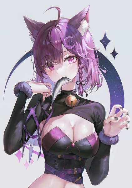 Anime picture 900x1281 with grimlight tokkyu single tall image looking at viewer blush fringe short hair breasts light erotic simple background smile large breasts purple eyes holding animal ears cleavage purple hair ahoge braid (braids)
