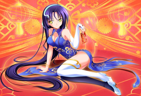 Anime picture 1500x1016 with original bashen chenyue single looking at viewer light erotic bare shoulders yellow eyes purple hair very long hair chinese clothes girl thighhighs hair ornament detached sleeves chinese dress snake