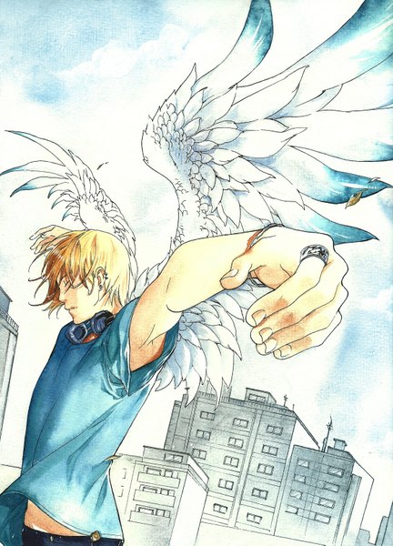 Anime picture 1167x1620 with original oldschool-girl tall image short hair blonde hair sky cloud (clouds) eyes closed profile wind spread arms angel wings boy earrings wings bracelet headphones building (buildings) ring t-shirt