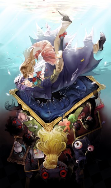 Anime picture 1101x1853 with ib (game) garry (ib) ib (ib) mary (ib) tagme (artist) long hair tall image short hair blonde hair brown hair multiple girls brown eyes purple hair underwater broken broken glass crazy girl dress boy