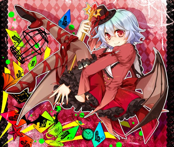 Anime picture 1770x1500 with touhou remilia scarlet kuronohana single highres short hair smile red eyes blue hair teeth fang (fangs) alternate costume girl dress hat wings clock cup card (cards) teacup