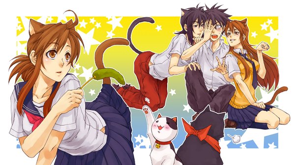 Anime picture 1555x875 with nyan koi mizuno kaede sumiyoshi kanako nyamsas kousaka junpei ichinose nagi tama (nyan koi) wide image animal ears tail cat girl girl cat cattail