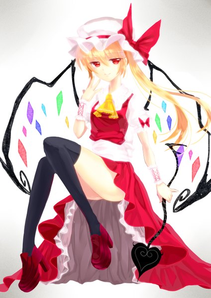 Anime picture 1000x1414 with touhou flandre scarlet wa sakaidera umeko single tall image short hair simple background blonde hair red eyes white background legs girl thighhighs dress bow weapon black thighhighs wings shoes bonnet