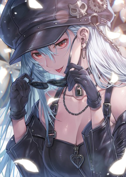 Anime picture 1042x1461 with original hagure keg single long hair tall image looking at viewer fringe breasts light erotic hair between eyes holding cleavage silver hair upper body off shoulder arms up sparkle :p sunglasses removed leather