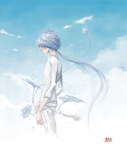 Anime picture 1300x1500 with katekyou hitman reborn rokudo mukuro moking (pixiv) single long hair tall image blue hair cloud (clouds) tail from behind boy flower (flowers) belt