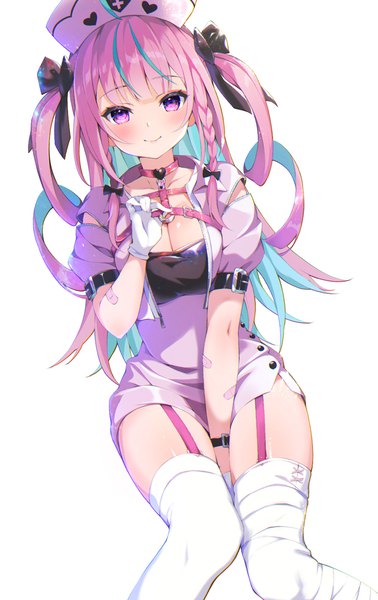 Anime picture 850x1350 with virtual youtuber hololive minato aqua pilokey single long hair tall image looking at viewer blush breasts light erotic simple background smile white background sitting purple eyes pink hair cleavage multicolored hair two side up