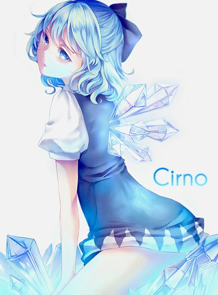 Anime picture 800x1080 with touhou cirno ling (vivianling) single tall image looking at viewer blue eyes light erotic sitting blue hair parted lips character names half updo girl dress bow hair bow wings short dress crystal