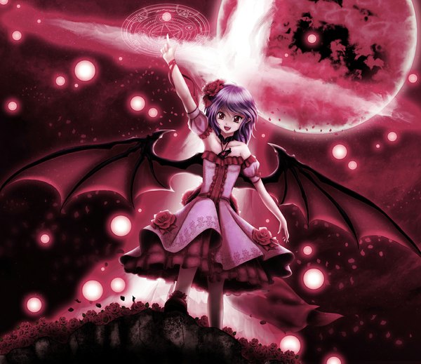 Anime picture 1156x1000 with touhou remilia scarlet skyspace (artist) single short hair open mouth red eyes purple hair cloud (clouds) hair flower magic bat wings red moon girl dress hair ornament ribbon (ribbons) petals wings rose (roses)