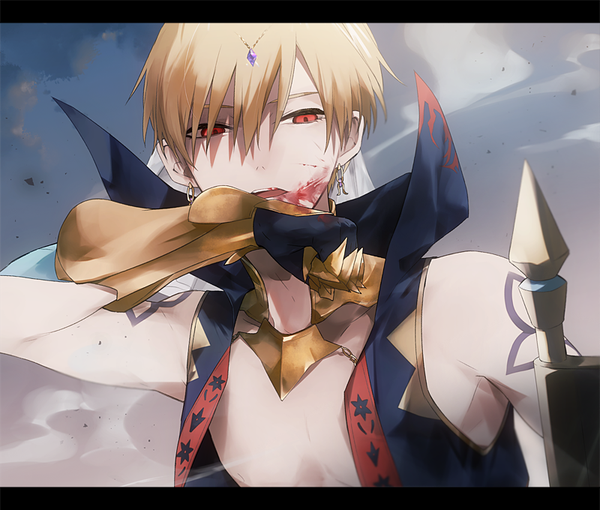 Anime picture 800x680 with fate (series) fate/grand order gilgamesh (fate) gilgamesh (caster) (fate) kamari (kama ri) single looking at viewer fringe short hair open mouth blonde hair red eyes bare shoulders sky cloud (clouds) outdoors arm up hair over one eye tattoo letterboxed