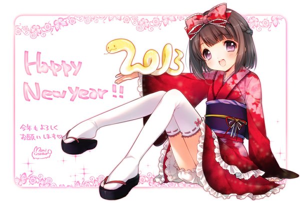 Anime picture 1020x689 with original usashiro mani single short hair open mouth black hair purple eyes traditional clothes japanese clothes half updo lolita fashion happy new year wa lolita 2013 girl thighhighs bow hair bow white thighhighs kimono