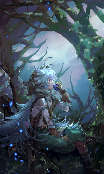 Anime picture 960x1606 with genshin impact razor (genshin impact) yoco n02 single long hair tall image red eyes sitting silver hair full body ahoge outdoors profile eating spiked hair boy gloves plant (plants) tree (trees) food