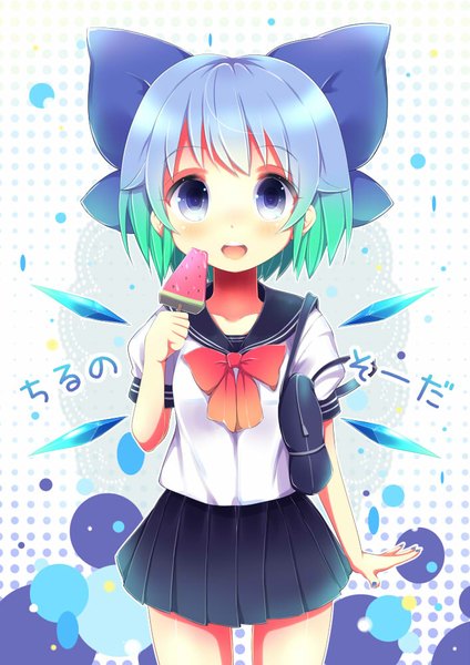 Anime picture 706x1000 with touhou cirno uta (kuroneko) single tall image looking at viewer blush short hair open mouth blue eyes standing holding purple hair pleated skirt multicolored hair green hair shiny skin girl skirt uniform