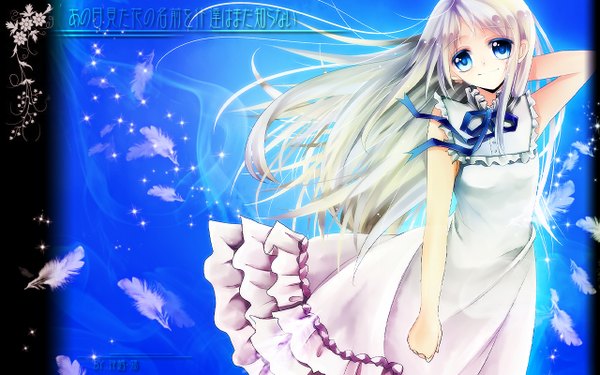 Anime picture 1280x800 with ano hi mita hana no namae wo bokutachi wa mada shiranai a-1 pictures honma meiko willfin single long hair looking at viewer blush blue eyes smile wide image white hair girl dress frills feather (feathers)