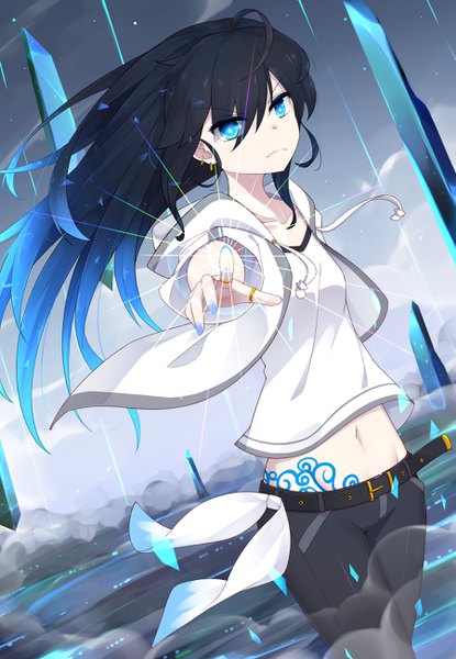 Anime picture 1800x2600 with original hwh666 single long hair tall image looking at viewer fringe highres blue eyes black hair hair between eyes standing payot sky ahoge nail polish fingernails wind open jacket midriff